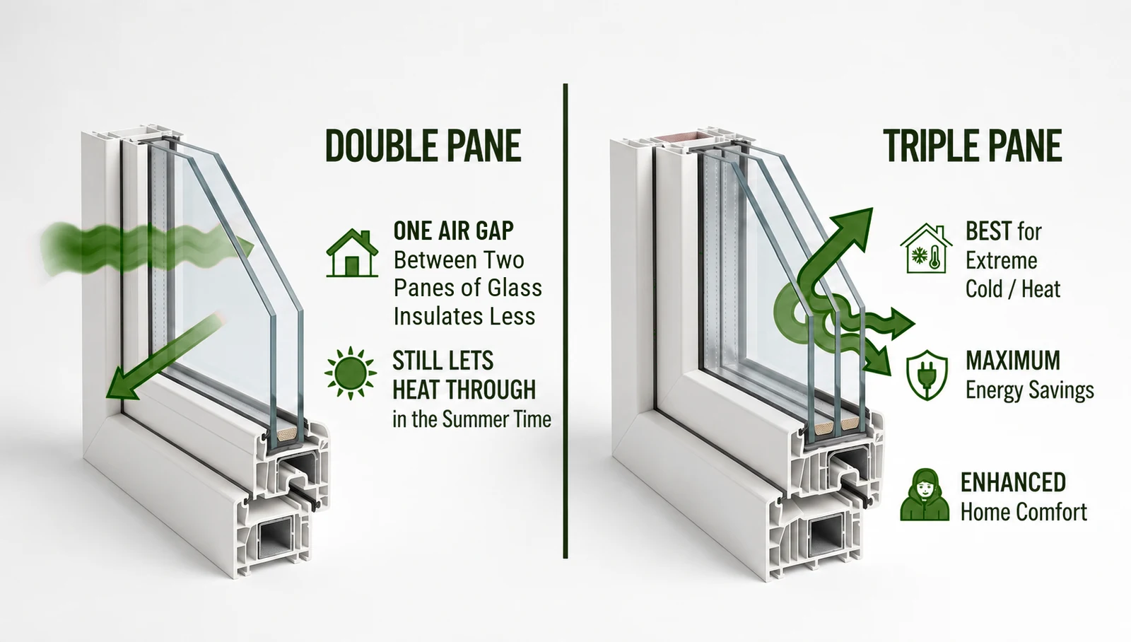 Cross-section comparison: a double-pane window has one air gap between two panes and still lets summer heat through, while a triple-pane window is best for extreme cold and heat, with maximum energy savings and enhanced comfort