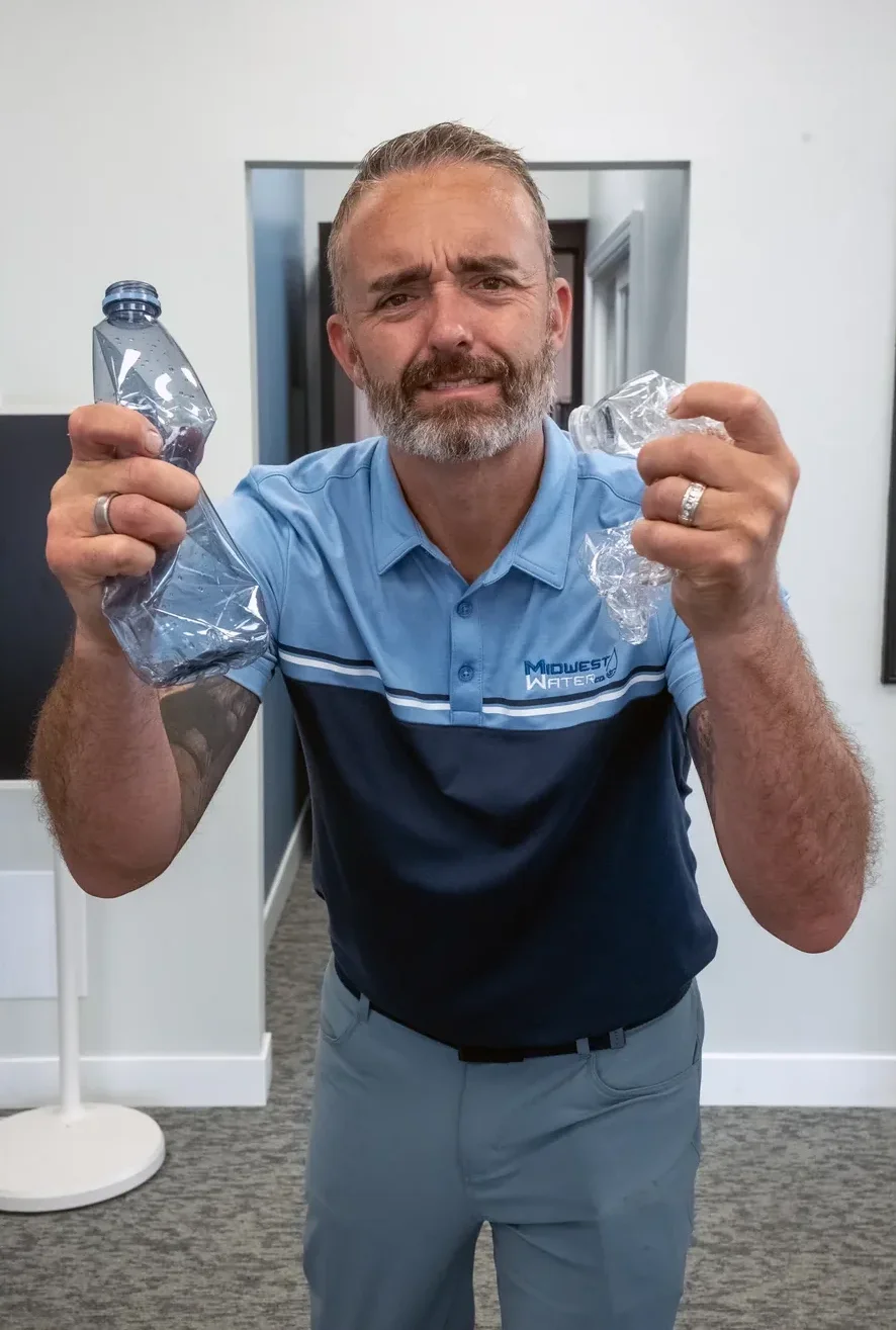 Darron Steagall, co-founder of Midwest Water Co., holding two crushed plastic water bottles
