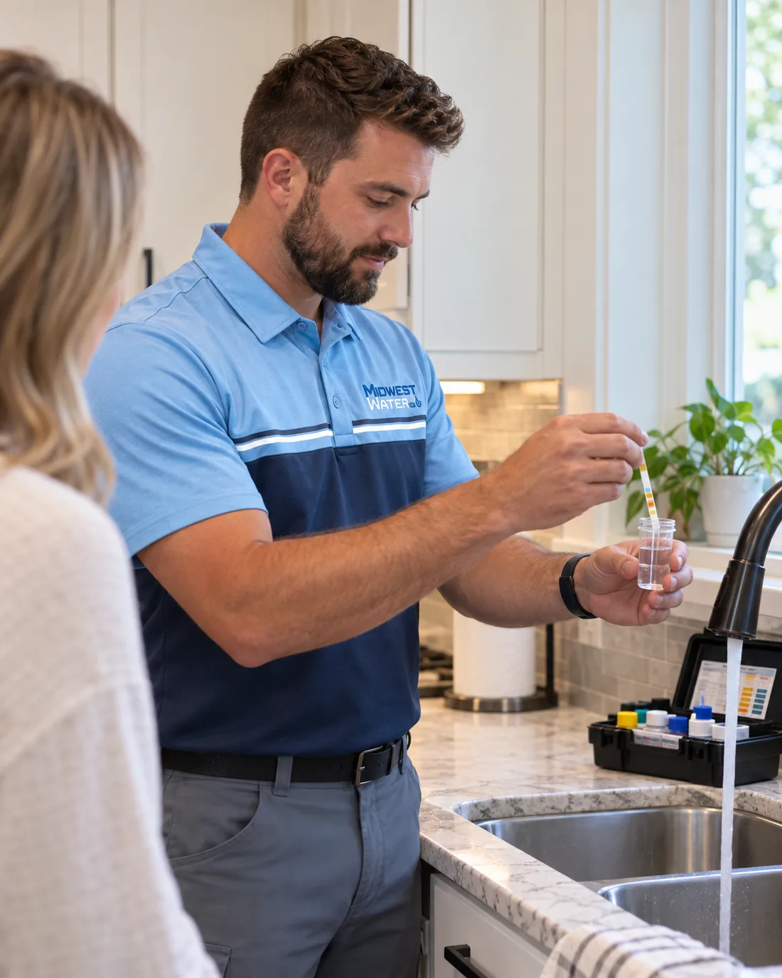 A Midwest Water technician in a branded polo testing a water sample at a homeowner's kitchen sink