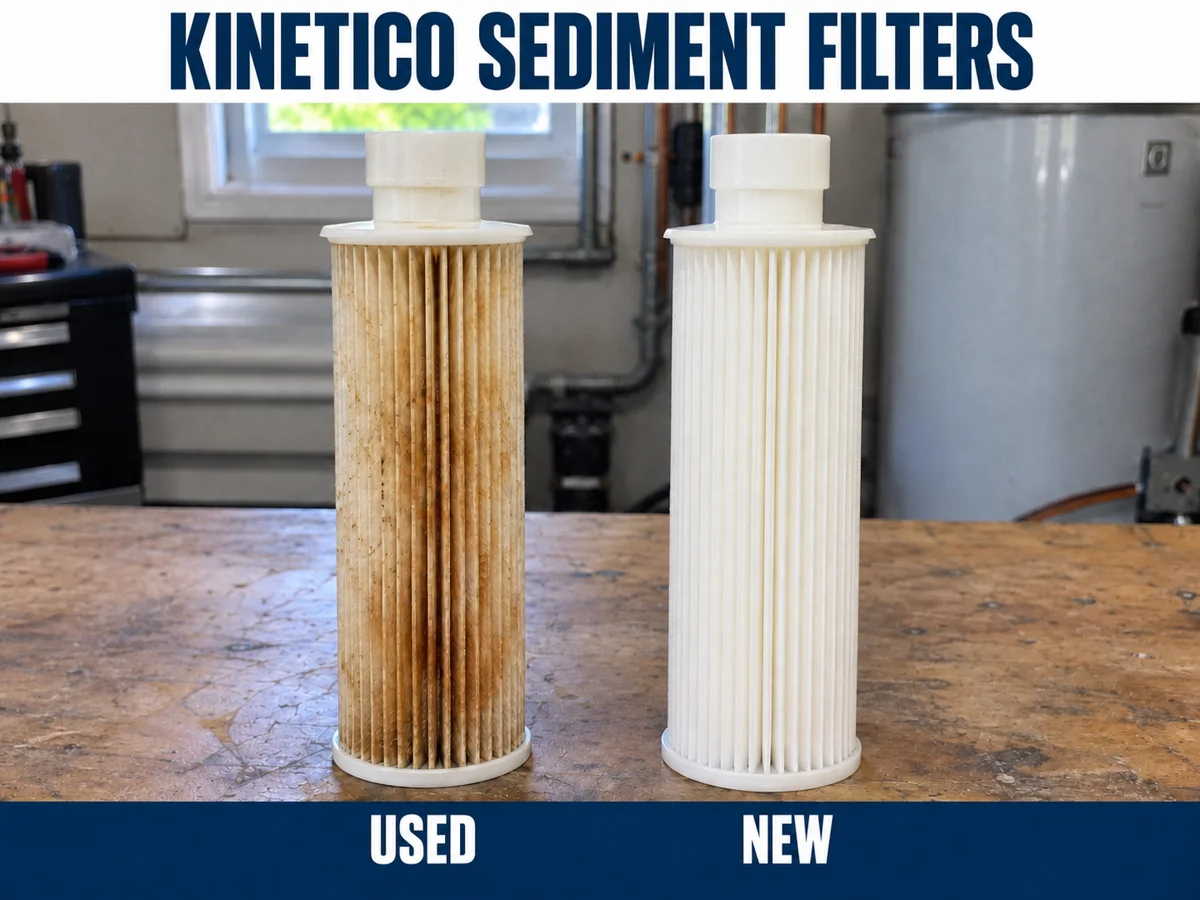 Two Kinetico sediment filters side by side: the used one stained brown and orange with sediment and rust, the new one clean white