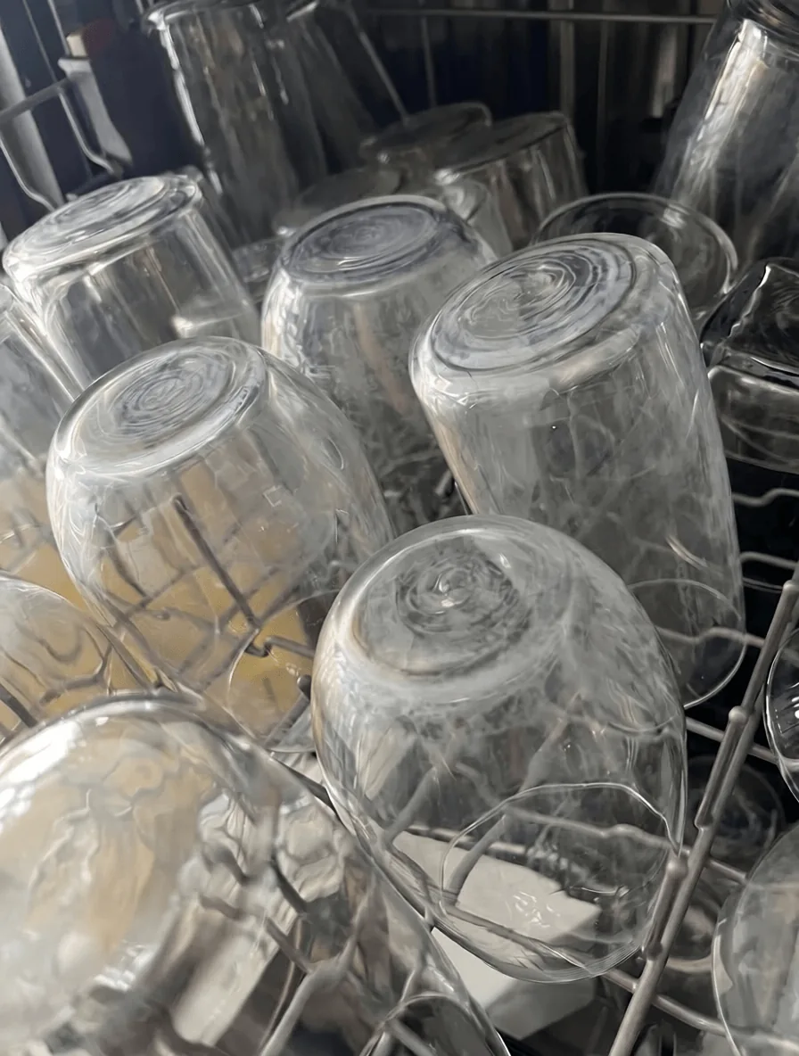 Drinking glasses in a dishwasher rack, clouded with a chalky white film