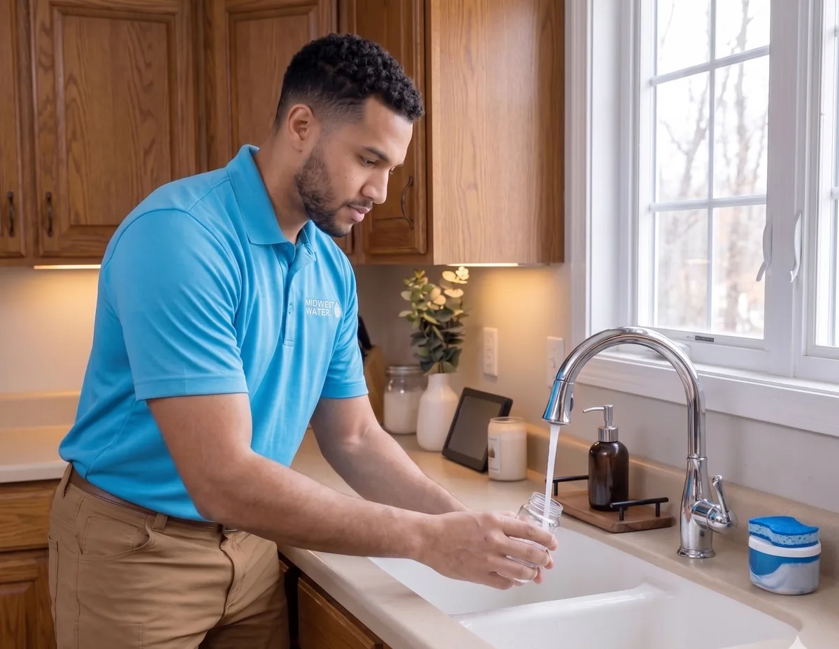 A Midwest Water technician filling a sample jar from a homeowner's kitchen faucet