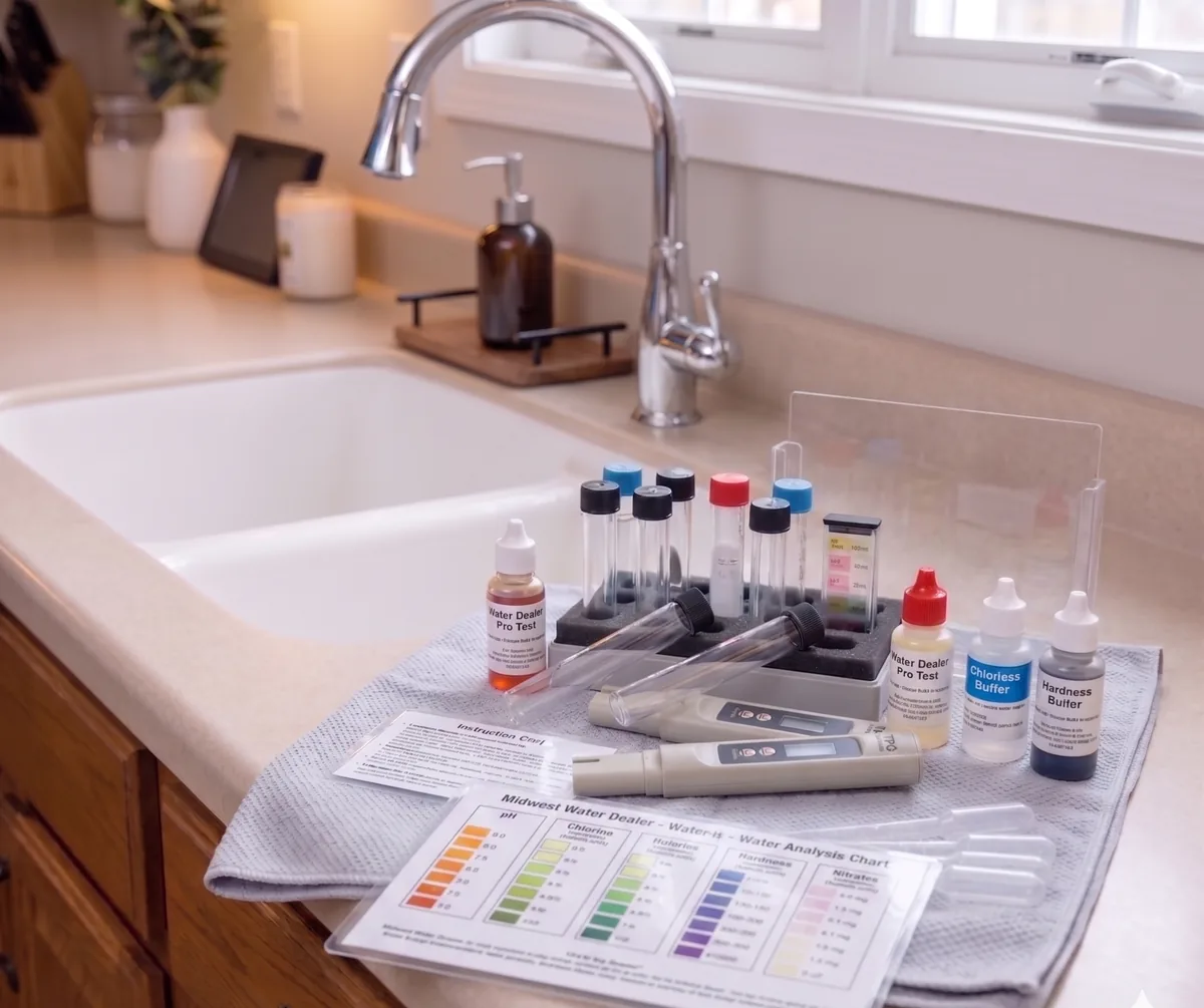 A professional water test kit with reagent bottles, sample tubes, a digital meter and an analysis chart on a kitchen counter
