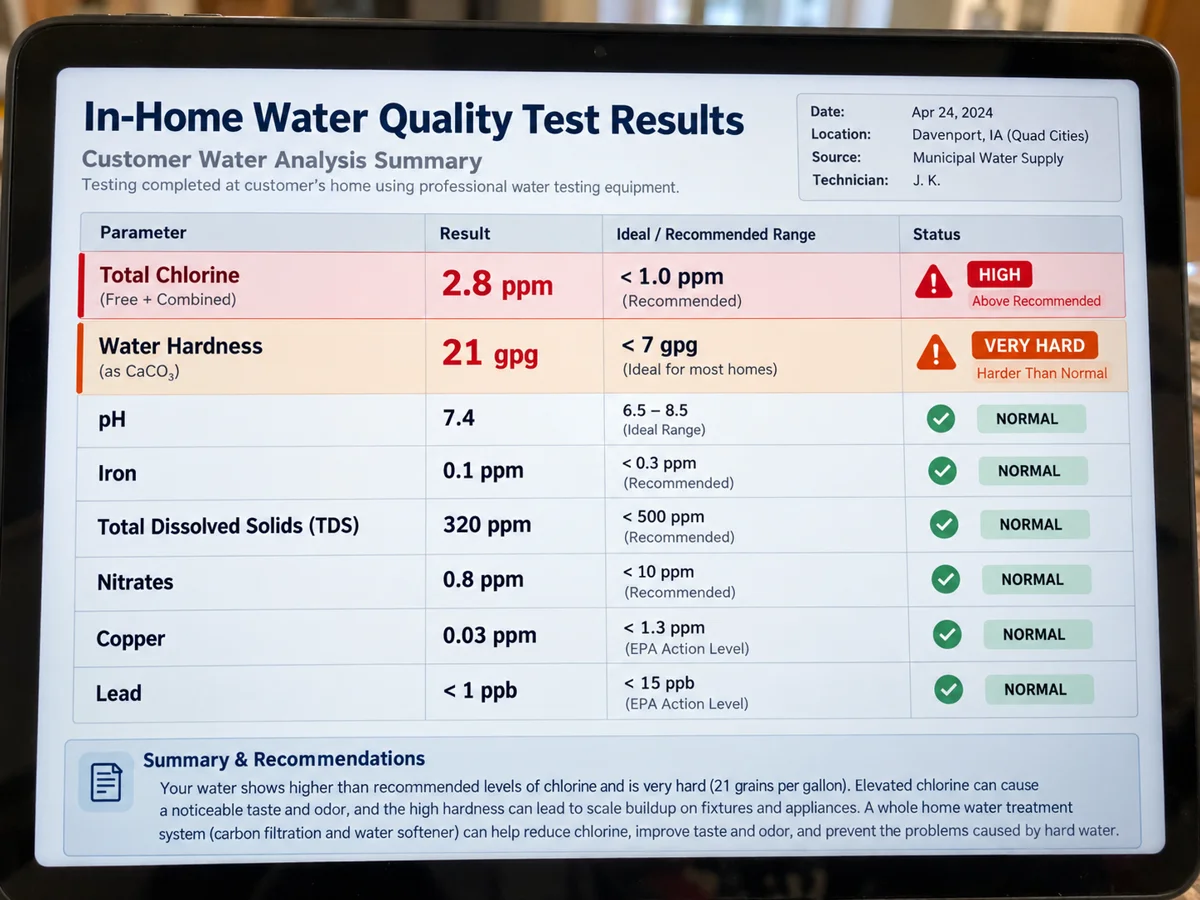 A sample in-home water quality report on a tablet, showing very hard water at 21 grains per gallon and chlorine above the recommended level